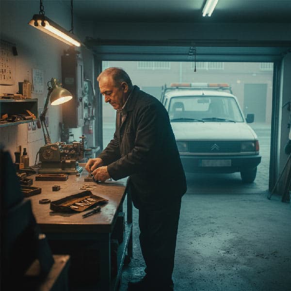 Francisco Román en su primer taller de cerrajería en Leganés