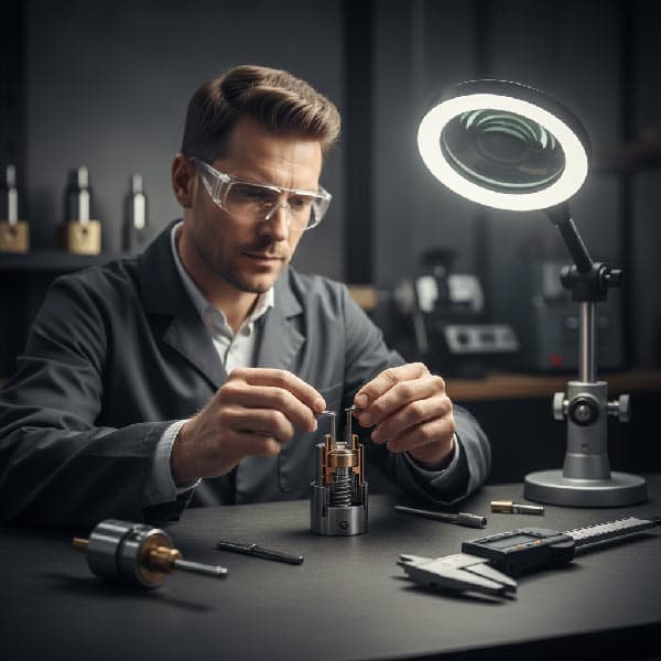 Técnico especialista examinando un cilindro de alta seguridad con precisión