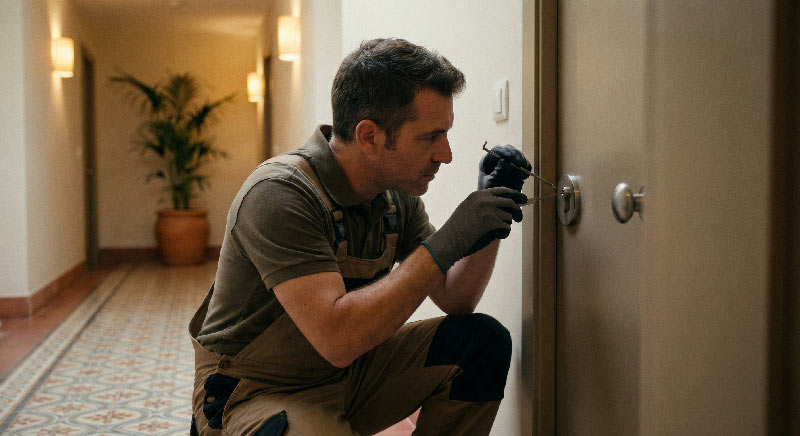 Técnico cerrajero realizando una apertura de precisión en un portal de Leganés