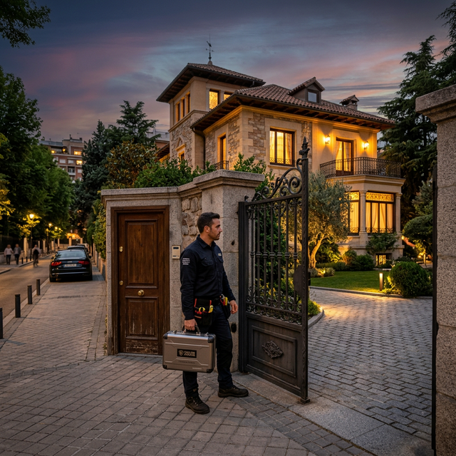 Cerrajero VIP frente a bloque de chalets en Fuente del Berro, Madrid