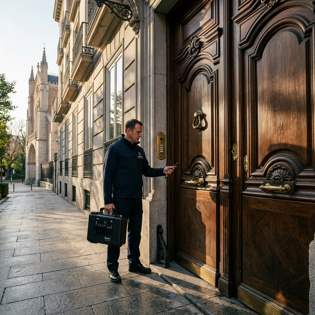 Maestro cerrajero de élite junto a puerta clásica en el Barrio de los Jerónimos