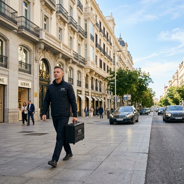 Maestro cerrajero VIP caminando por la calle Serrano del Barrio de Salamanca